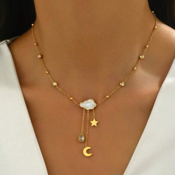 18K Gold Filled Celestial Cloud Star Moon Necklace (15.7" + 2") - Picture 1 of 3